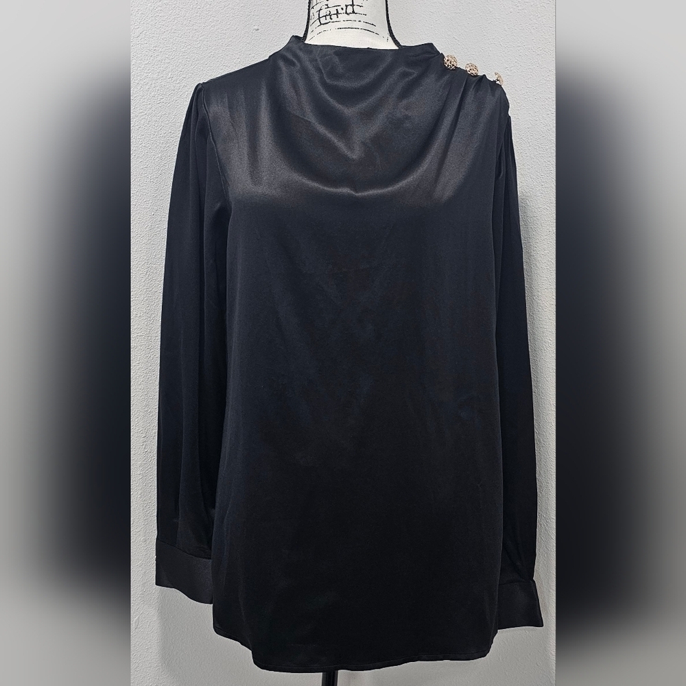 Daisysilk Women's Mock Neck Black Silk Blouse Gold Button Accent SZ Large NWOT